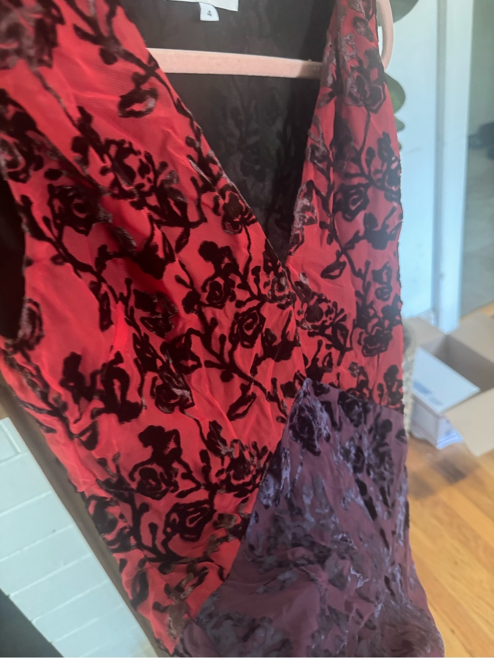 Sleeveless V-Neck Burgundy and Black Floral Evening Gown - Picture 8 of 10
